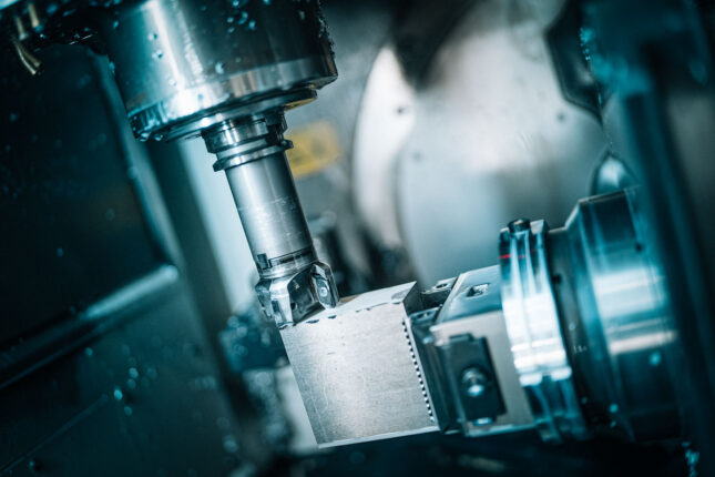 N&auml;rbild p&aring; CNC-bearbetning av aluminiumdetalj &ndash; h&ouml;g precision och ytfinish.